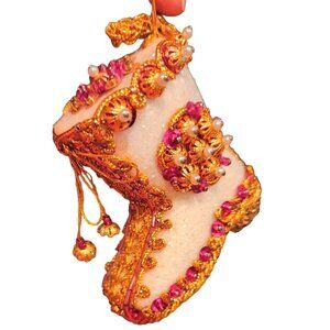 Handcrafted Felt Boot Ornament With Gold & Pink Embellishments